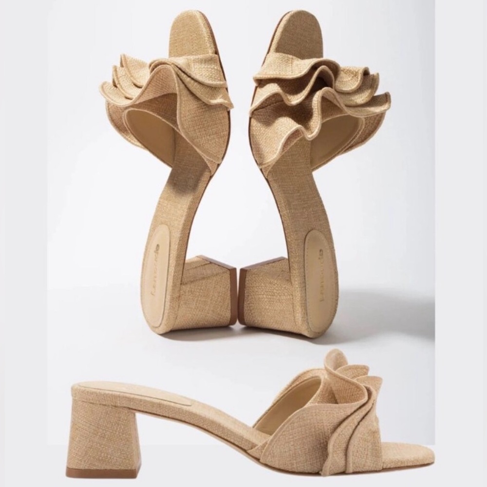 Larroudé Brigitte Ruffle Mule in Beige Raffia